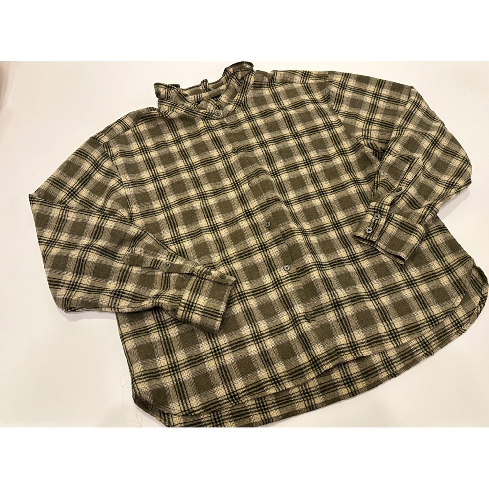Banana Republic Wool Blend Green Plaid Long Sleeve Button Ruffle Neck